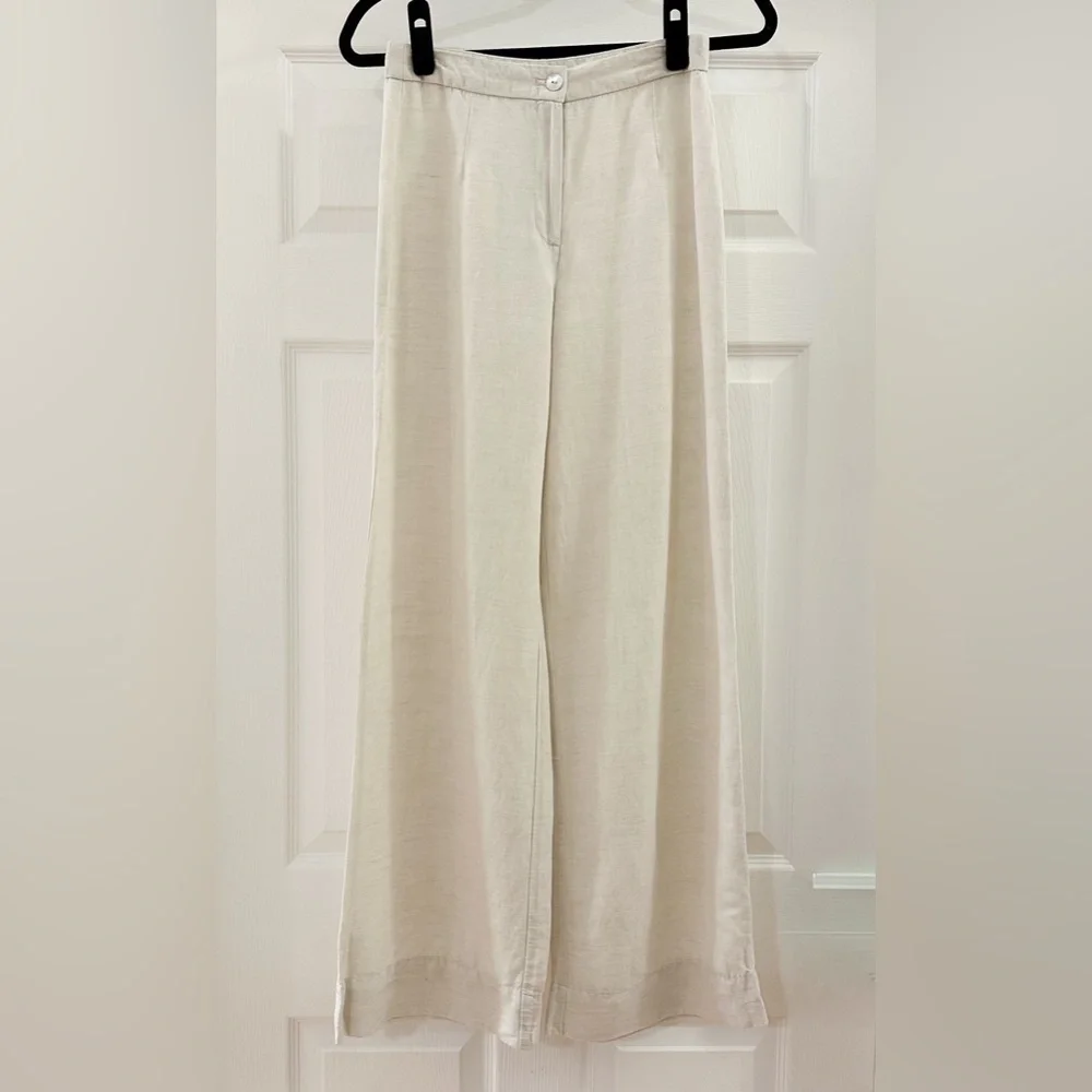 H&M Linen Blend Wide Leg Pants High Waisted Neutral Cream Tan sz 2